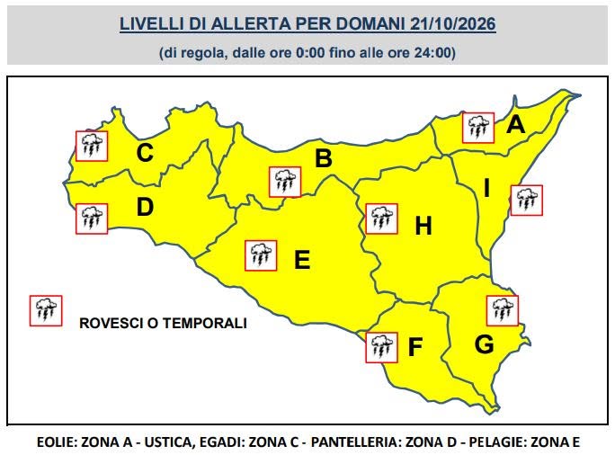 Meteo Sicilia, allerta gialla per mercoledì 21 ottobre 2026